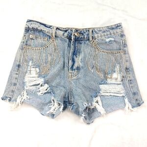 ADIKA WOMENS LIGHT WASH DENIM RHINESTONE FRINGE BUTTON FLY CUT OFF SHORT SZ L